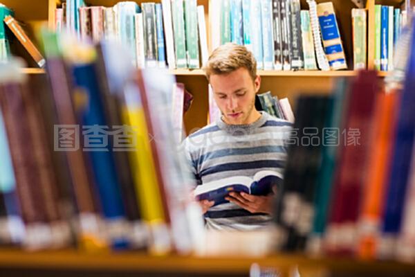 在图书馆读书的男学生