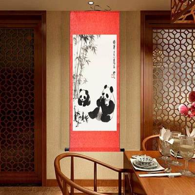 熊猫竹子国宝图书房丝绸客厅装饰画 好评好店
